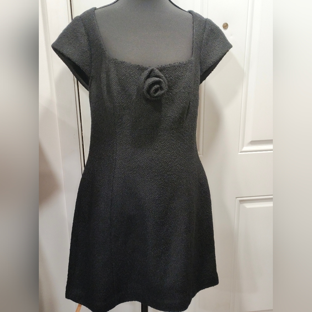Reformation Zada Wool Blend Rosette Black Mini Dress